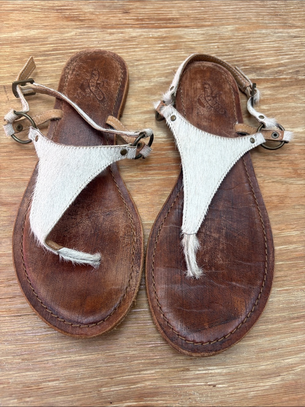 freebird White Haircalf Thong Sandals with Brown Leather Footbed